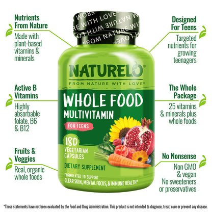 NATURELO Teen Multivitamin for Boys & Girls — 180 Plant-Based, Non-GMO, Vegetarian