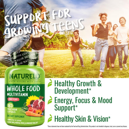 NATURELO Teen Multivitamin for Boys & Girls — 180 Plant-Based, Non-GMO, Vegetarian