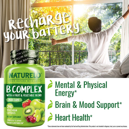 NATURELO Vitamin B Complex – 240 Vegan Capsules with CoQ10 | Methylated B Vitamins