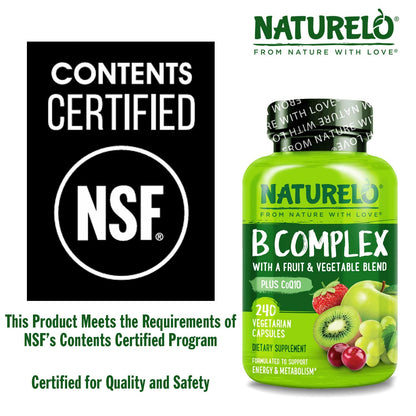 NATURELO Vitamin B Complex – 240 Vegan Capsules with CoQ10 | Methylated B Vitamins
