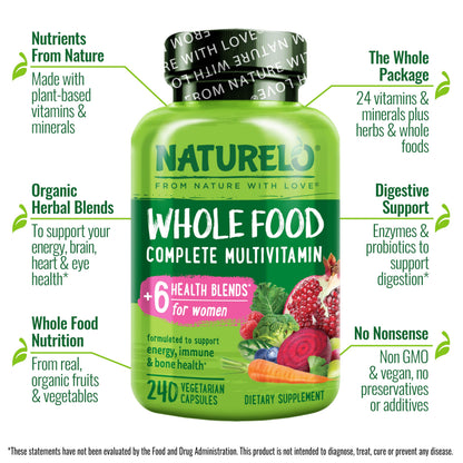 Naturelo Whole Food Multivitamin for Women – Vegan, Non-GMO, with Organic Extracts | 240 Vegan Capsules
