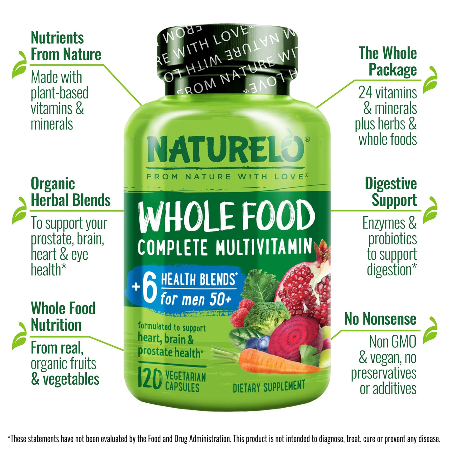 NATURELO Whole Food Multivitamin for Men 50+ – Plant-Based, 120 Capsules