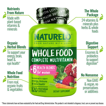 Naturelo Whole Food Multivitamin for Women – Plant-Based Vitamins, Organic Extracts & Vegan, Non-GMO