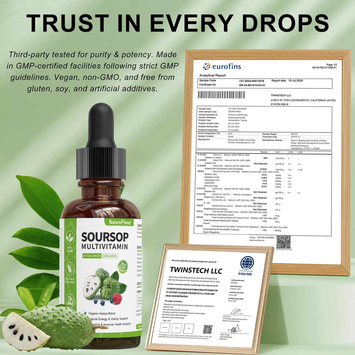 NaturePlanet Soursop Bitters Drops with Vitamin C, D3 & B6 — Immune Support & Digestive Health