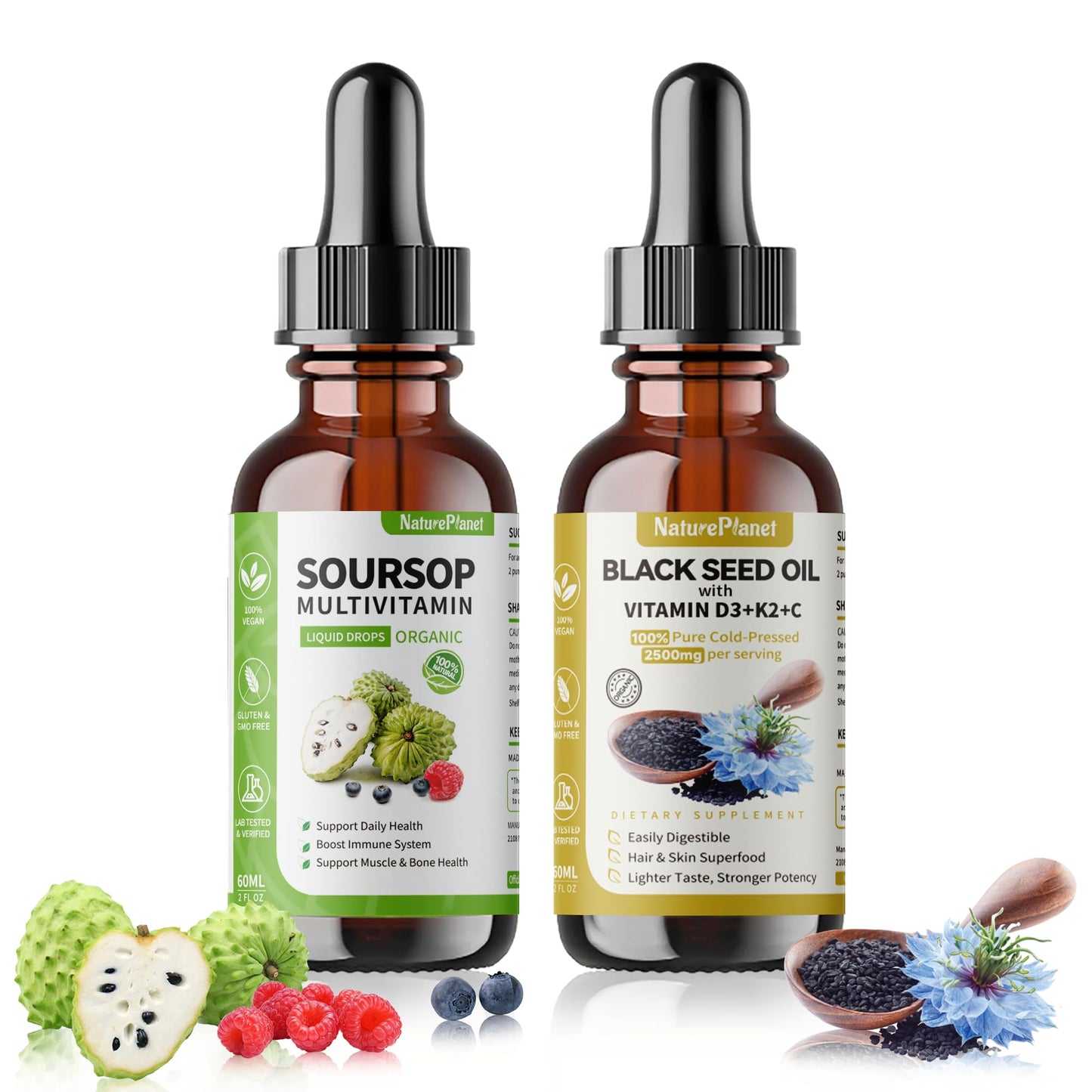 NaturePlanet Organic Soursop Bitters and Black Seed Oil Drops Bundles with Vitamins D3, K2, B6, C | Vegan, Non-GMO, Gluten-Free