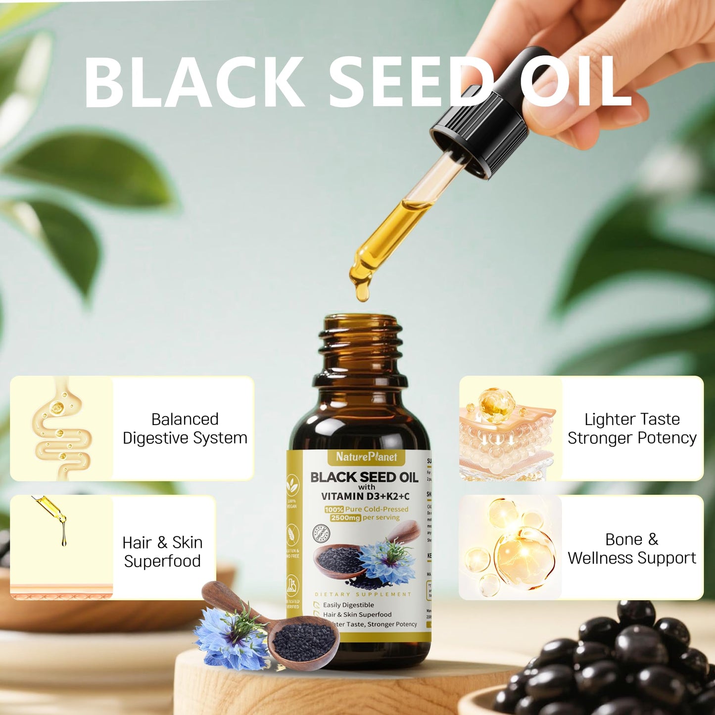 NaturePlanet Organic Soursop Bitters and Black Seed Oil Drops Bundles with Vitamins D3, K2, B6, C | Vegan, Non-GMO, Gluten-Free