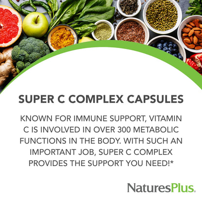 NaturesPlus Super C Complex - 180 Capsules | 1000mg Vitamin C + 500mg Bioflavonoids | Vegan, Gluten Free - 90 Servings
