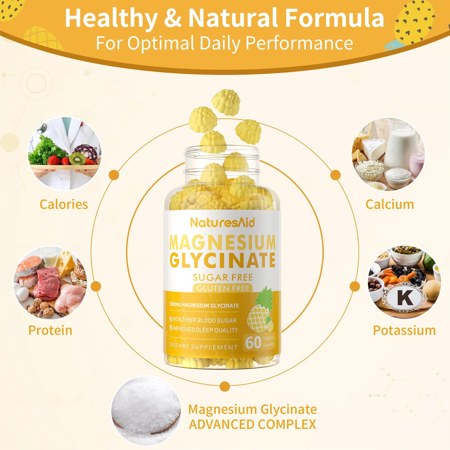 Nature's Aid Magnesium Glycinate Gummies 1000mg – Sugar-Free Pineapple Gummies with Vitamin D, B6 & CoQ10 (120 each, 2 Pack)