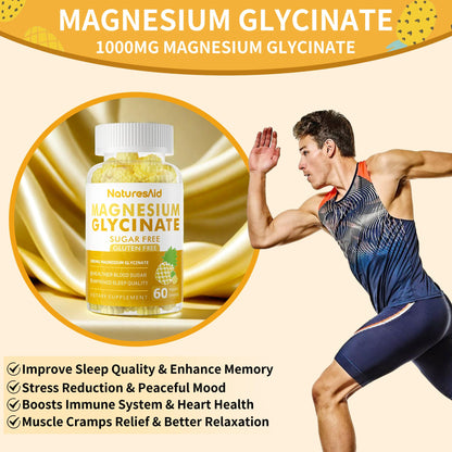 Nature's Aid Magnesium Glycinate Gummies 1000mg – Sugar-Free Pineapple Gummies with Vitamin D, B6 & CoQ10 (120 each, 2 Pack)