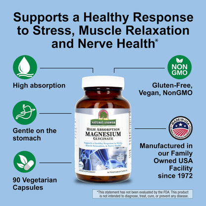 Nature's Answer Magnesium Glycinate Vegetarian Capsules 90 Count | Muscle Function, Relaxation & Stress Support | Vegan, Non-GMO, Made in USA