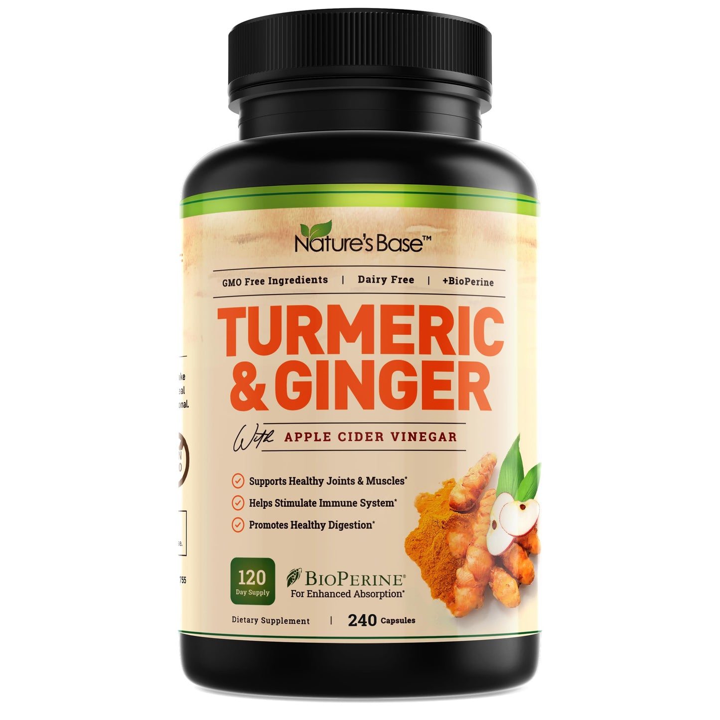 Nature's Base Turmeric & Ginger Supplement with Curcumin, ACV & BioPerine – 240 Capsules | 95% Curcuminoids