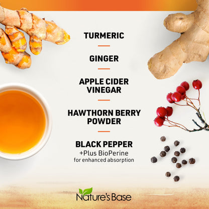 Nature's Base Turmeric & Ginger Supplement with Curcumin, ACV & BioPerine – 240 Capsules | 95% Curcuminoids