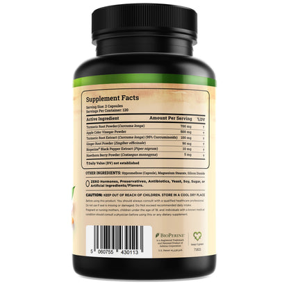 Nature's Base Turmeric & Ginger Supplement with Curcumin, ACV & BioPerine – 240 Capsules | 95% Curcuminoids