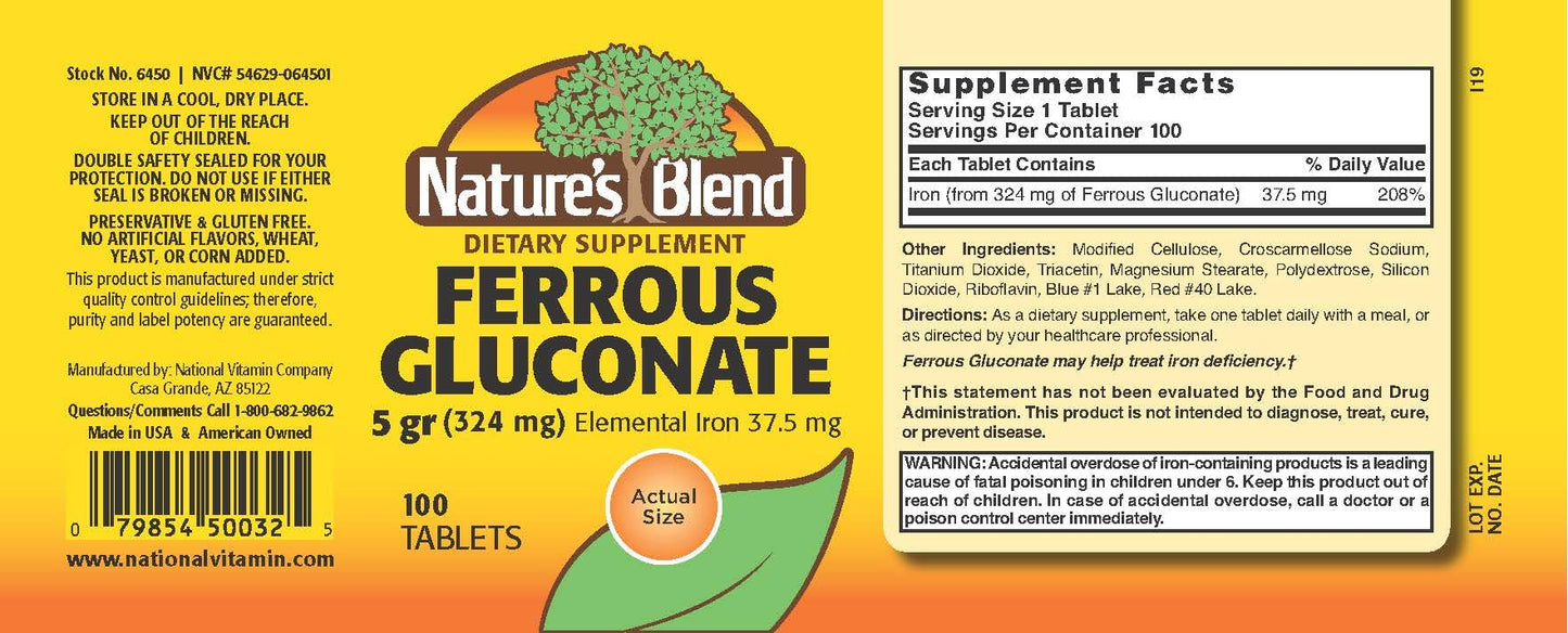 Nature's Blend Ferrous Gluconate Tablets, 100 Count