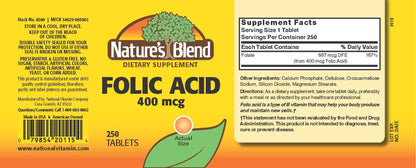 Nature's Blend Folic Acid 400 mcg - 250 Tabs | 100% DV, Gluten Free