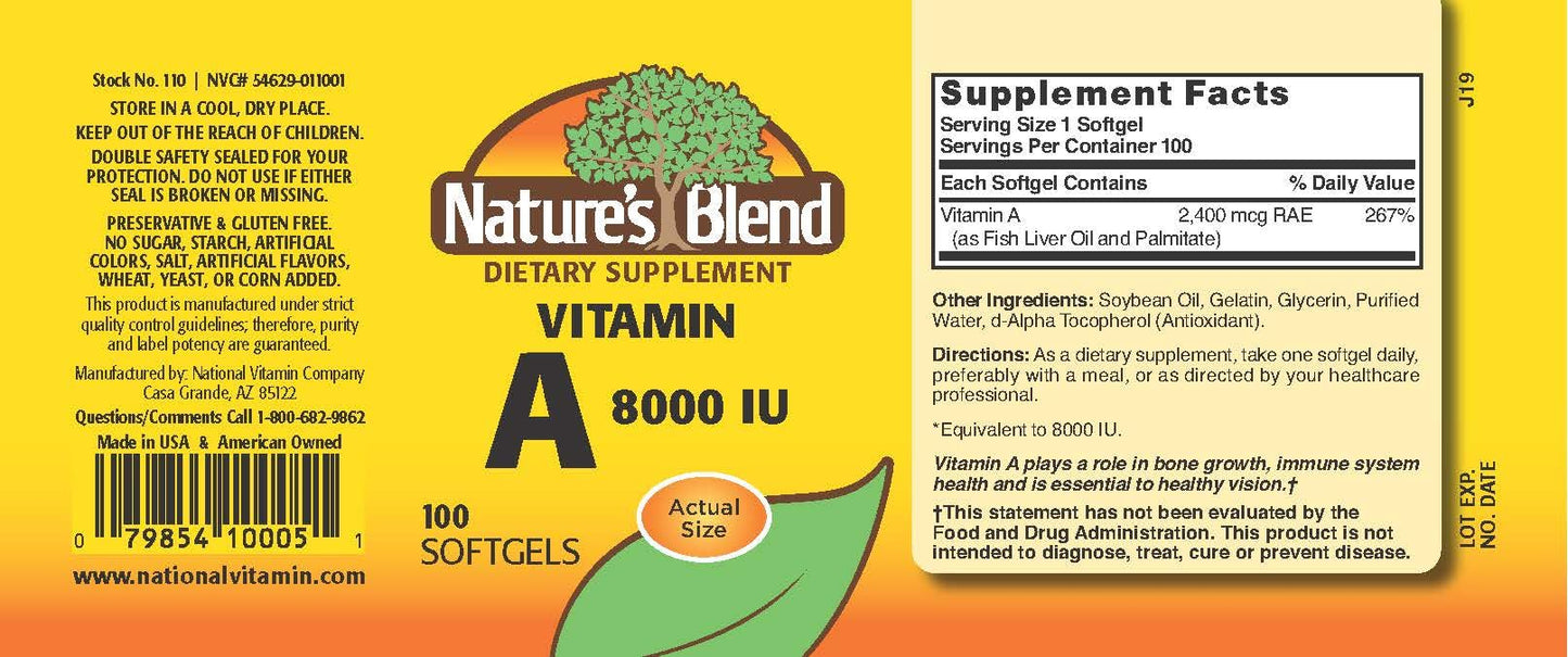 Nature's Blend Vitamin A 8000 IU - 100 Softgels | Eye Health & Immune Support