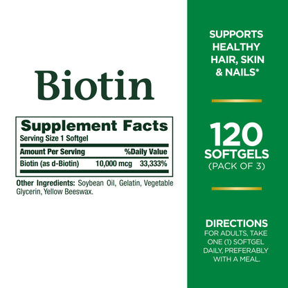 Nature's Bounty Biotin 10,000 mcg – Hair, Skin & Nails – Pack of 3, 120 Count