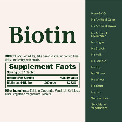 Nature's Bounty Biotin 1000 mcg | Supports Metabolism & Healthy Hair, Skin & Nails | 100 Tablets