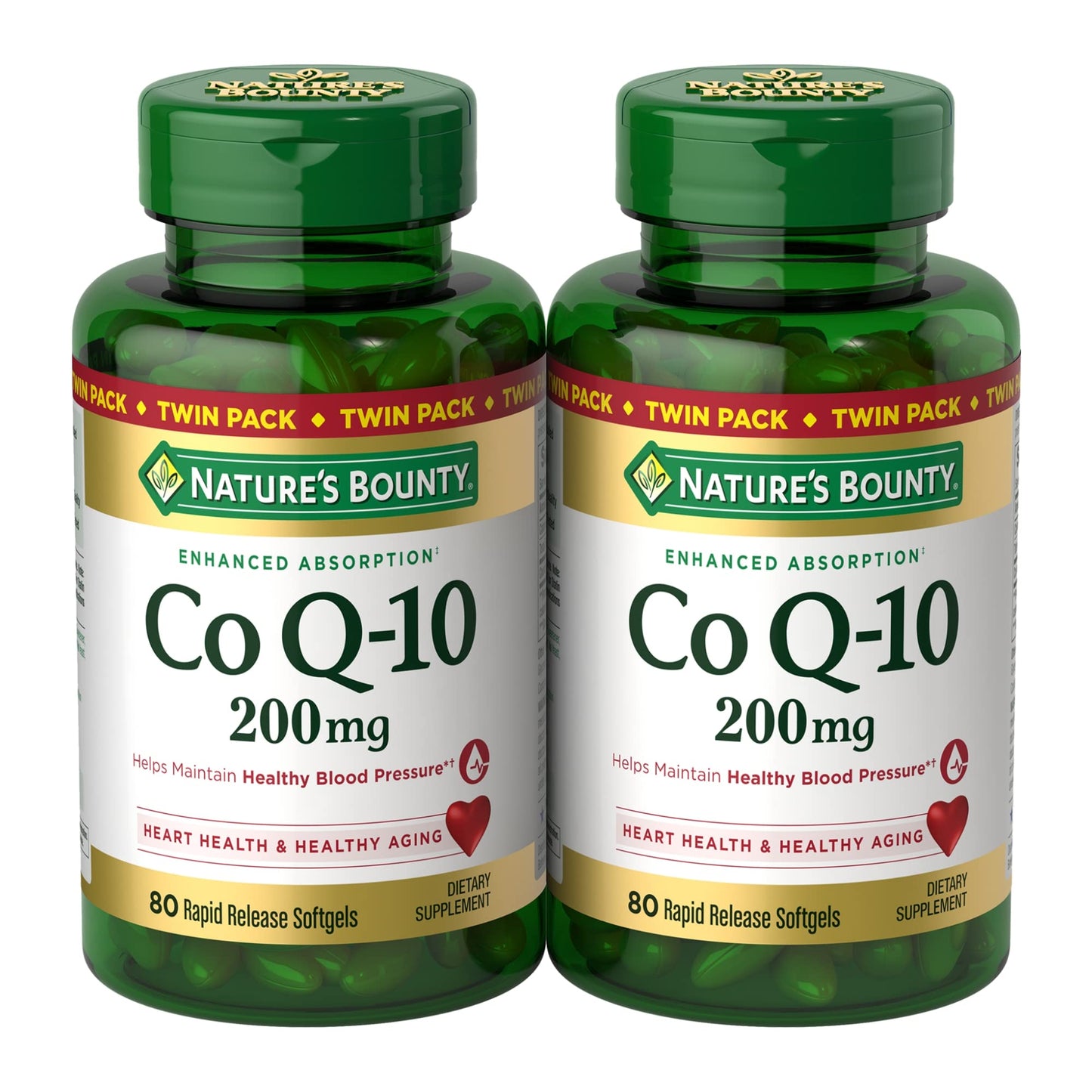 Nature’s Bounty CoQ10 200 mg Softgels – Twin Pack, 160 Rapid Release | Heart Health & Cellular Energy