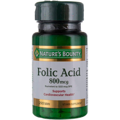 Nature's Bounty Folic Acid 800 mcg Tablets – Maximum Strength, 250 Count (Pack of 6)