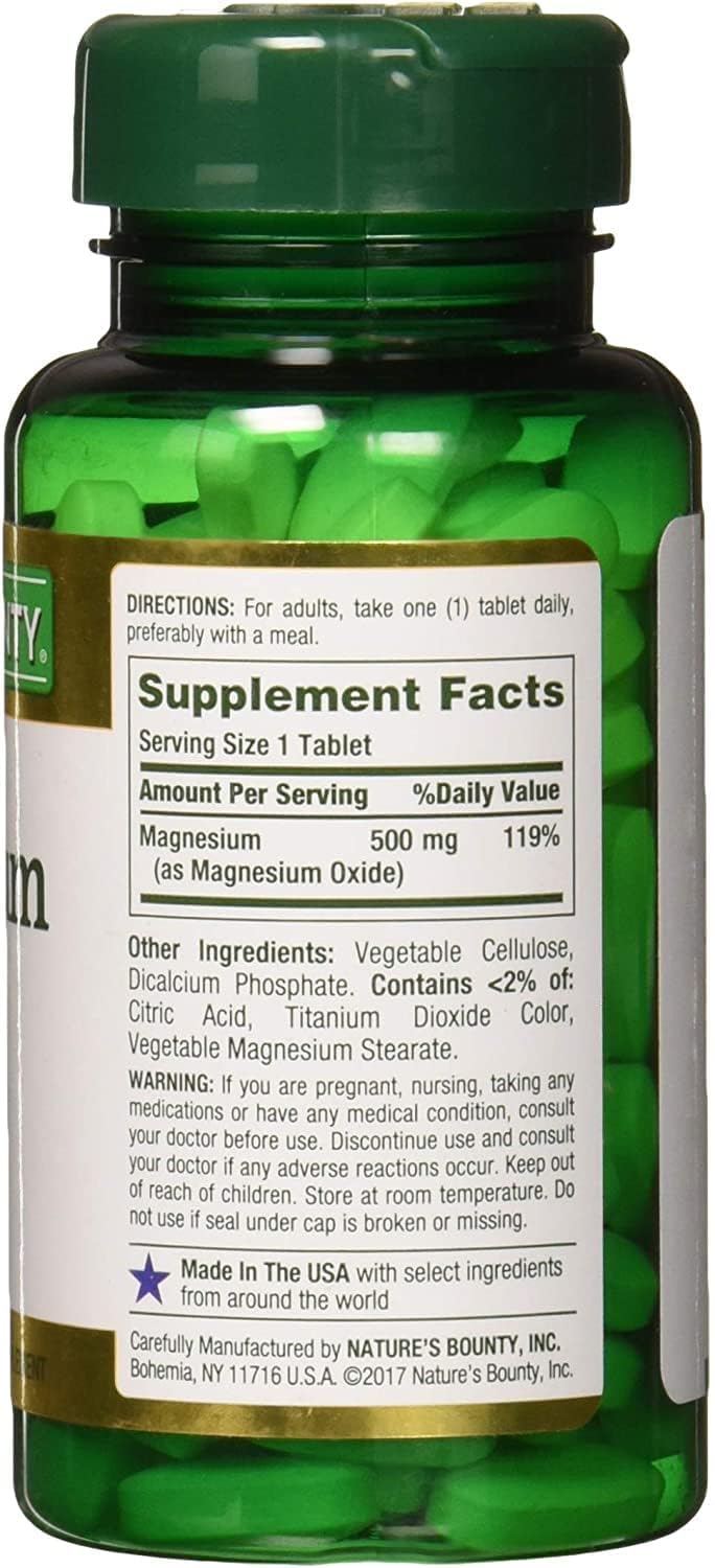 Nature's Bounty Magnesium 500 mg Tablets - 100 Count | Vegetarian, Non-GMO