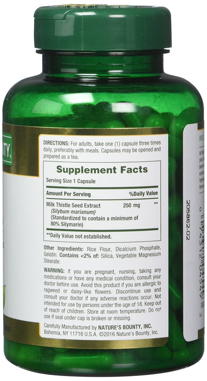 Nature's Bounty Milk Thistle 250 mg Capsules — Pack of 2 (400 capsules)