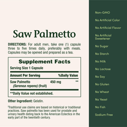 Nature's Bounty Saw Palmetto 450 mg – Prostate & Urinary Health, 100 Capsules