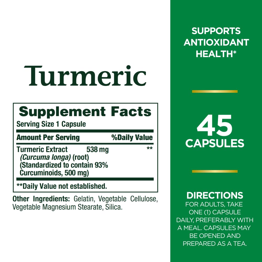 Nature's Bounty Turmeric Pills – 538 mg, 45 Capsules | Antioxidant Health
