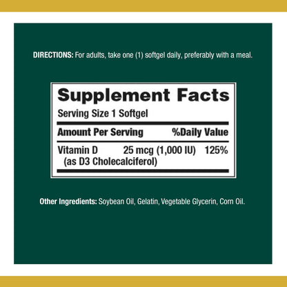 Nature's Bounty Vitamin D3 1000 IU Softgels – 350 Count