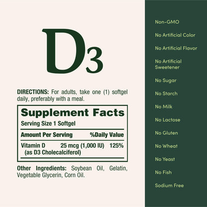 Nature's Bounty Vitamin D3 1000 IU Softgels – Immune Support, 350 Count