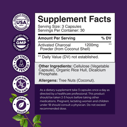 Natures Craft Activated Charcoal Pills – 1200mg Detox & Bloating Relief (90 Count)