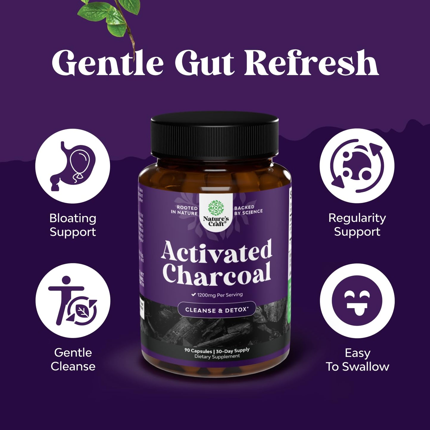Natures Craft Activated Charcoal Pills – 1200mg Detox & Bloating Relief (90 Count)