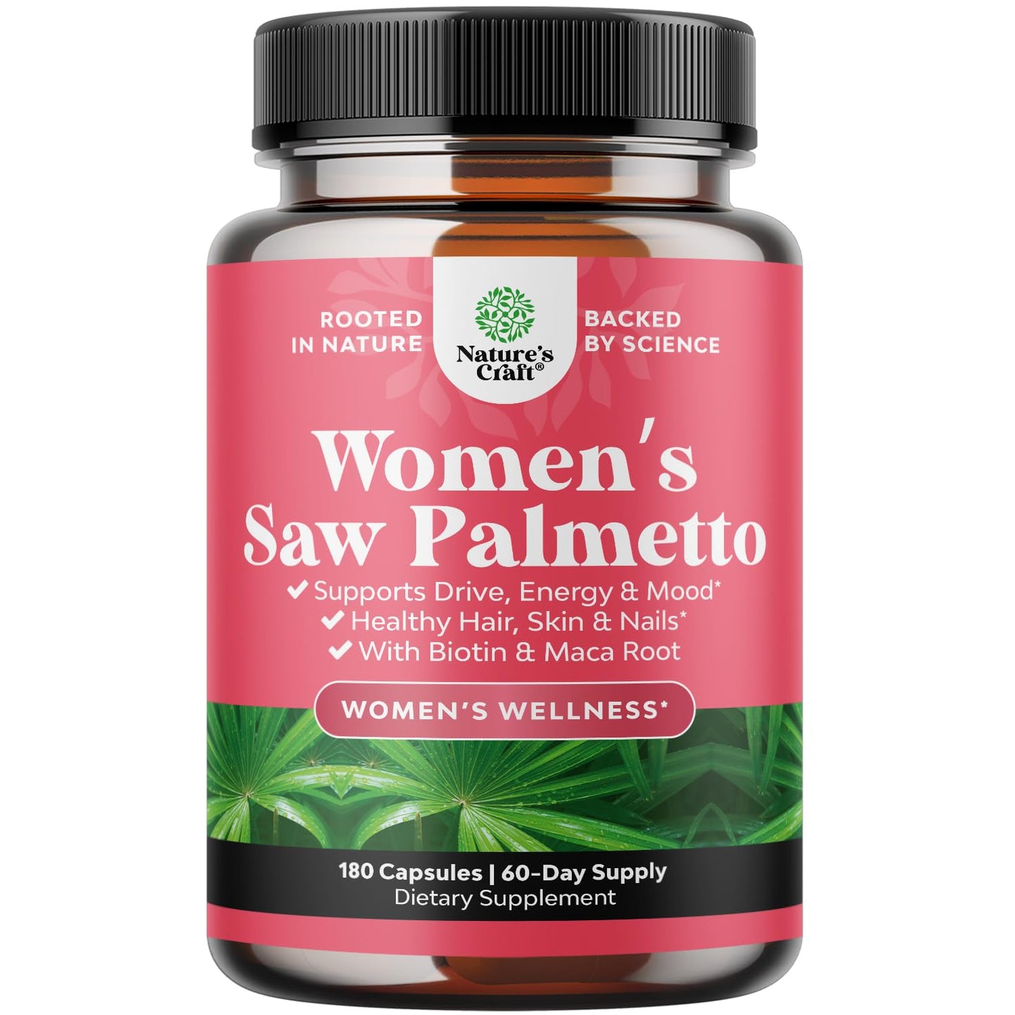 Nature's Craft Extra Strength Saw Palmetto for Women – 500mg, Maca & Biotin, 180 Capsules