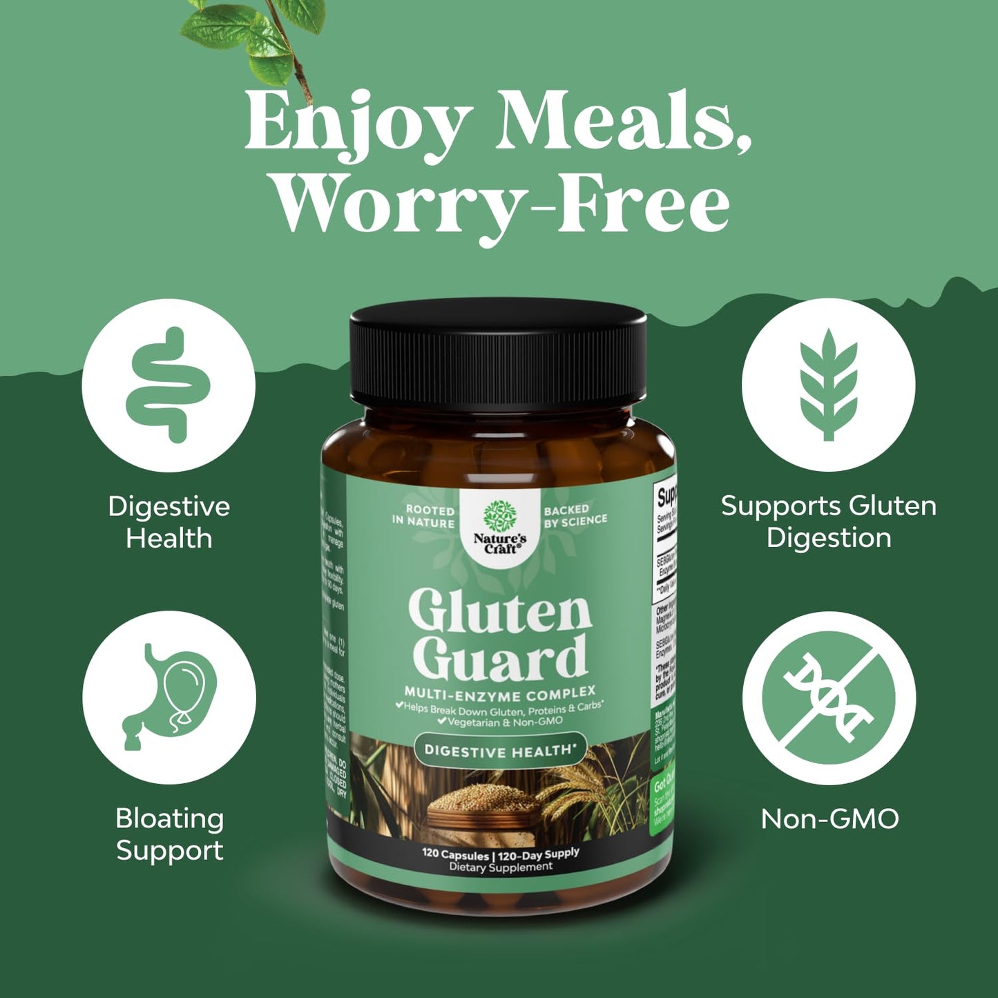 Natures Craft Gluten Digestive Enzymes – Fast Acting Debloat Support, 120 Count