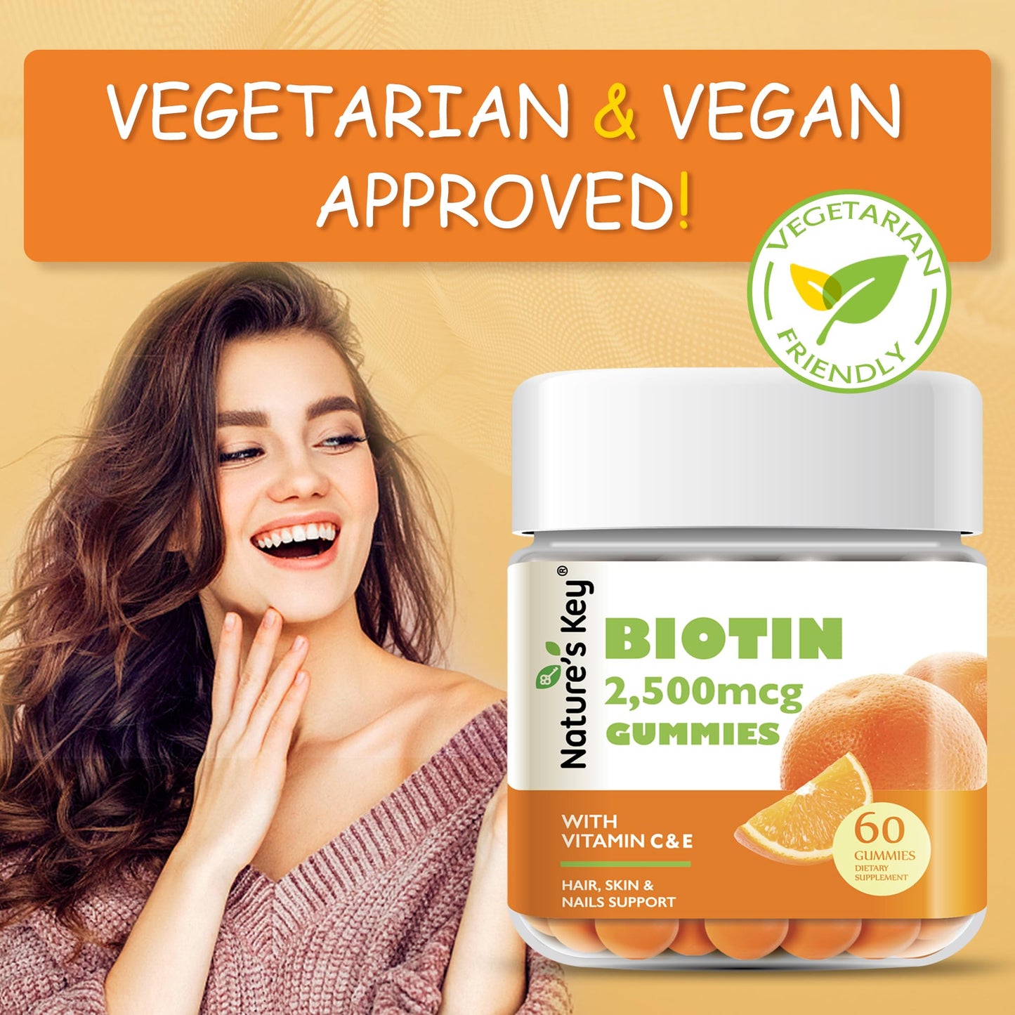 Nature's Key Biotin Gummies with Vitamin C & E – Vegan, 60 Count