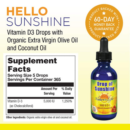Drops of Sunshine Vitamin D-3 Drops 5000IU in Organic EVOO & Coconut Oil | Nature's Life – 2 oz