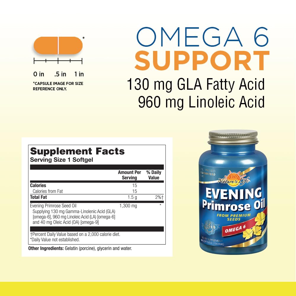Nature's Life Evening Primrose Oil 1300 mg - PMS & Menopause Support | Skin Health | 60ct