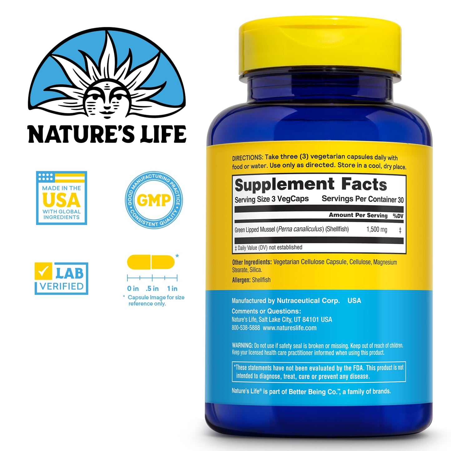Nature's Life Green Lipped Mussel 1500 mg – NZ Omega-3 Joint & Immune Support | 90 Capsules, 30 Servings