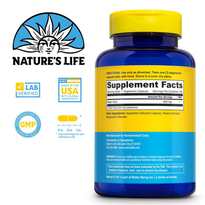 Nature's Life Malic Acid 800 mg | Energy Support & Muscle Comfort | Non-GMO, Gluten-Free | 100 Count