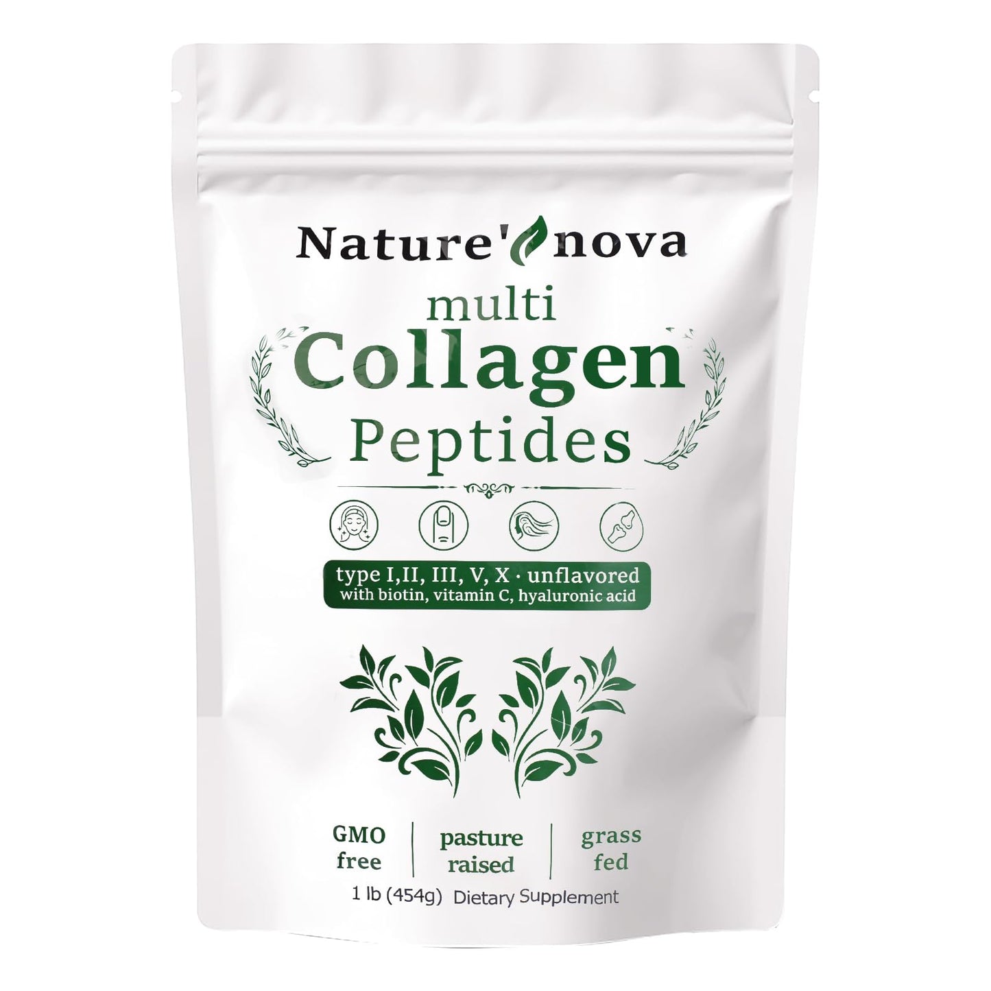 Nature's Nova Multi Collagen Peptides Powder - Types I, II, III, V, X + Biotin & Hyaluronic Acid