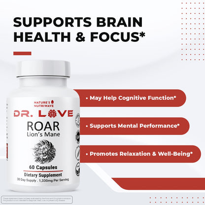 Nature's NutriWave Dr. Love Roar Lion's Mane Mushroom Supplement – Plant-Based, Vegan, Gluten-Free, USA Made