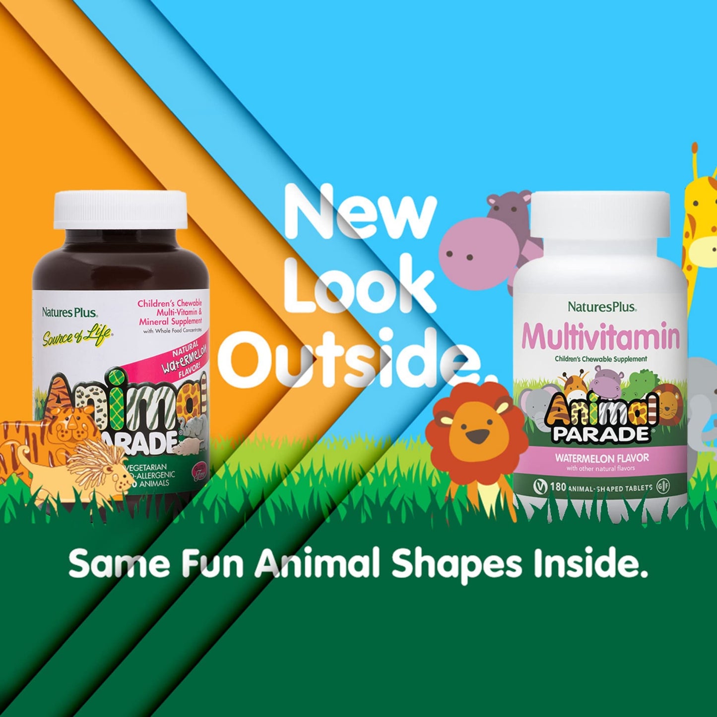 Natures Plus Animal Parade Children's Multivitamin - Watermelon, 180 Animal-Shaped Chewables (90 Servings) | Vegan & Gluten Free
