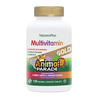 Nature's Plus Animal Parade Gold Children's Multivitamin – 120 Chewables, Cherry/Orange/Grape (Vegetarian, Gluten Free)