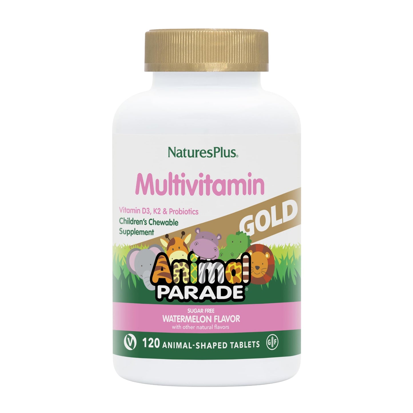 Natures Plus Animal Parade Gold Kids Multivitamin – Watermelon Chewables (120 Tablets) | Vegan & Gluten Free