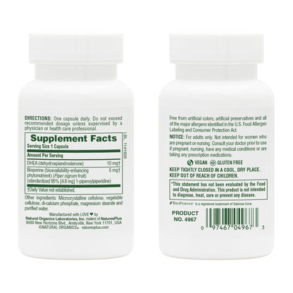Natures Plus DHEA 10 with Bioperine - 10 mg, 90 Vegetarian Capsules | Gluten Free | 90 Servings
