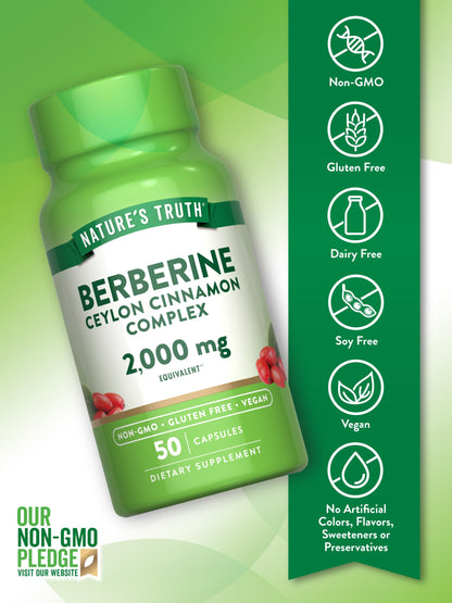 Nature's Truth Berberine with Ceylon Cinnamon Complex - 2,000mg, 50 Vegan Capsules | Vegan, Non-GMO, Gluten Free