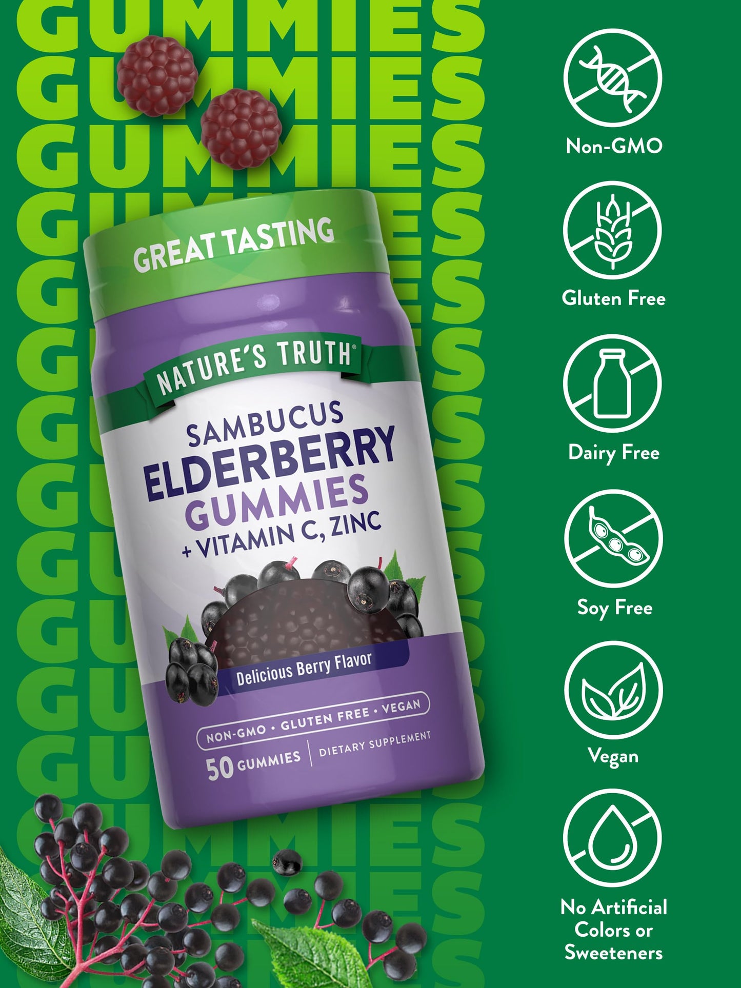 Nature's Truth Black Elderberry Gummies – Vegan, Gluten Free, Non-GMO | Vitamin C & Zinc