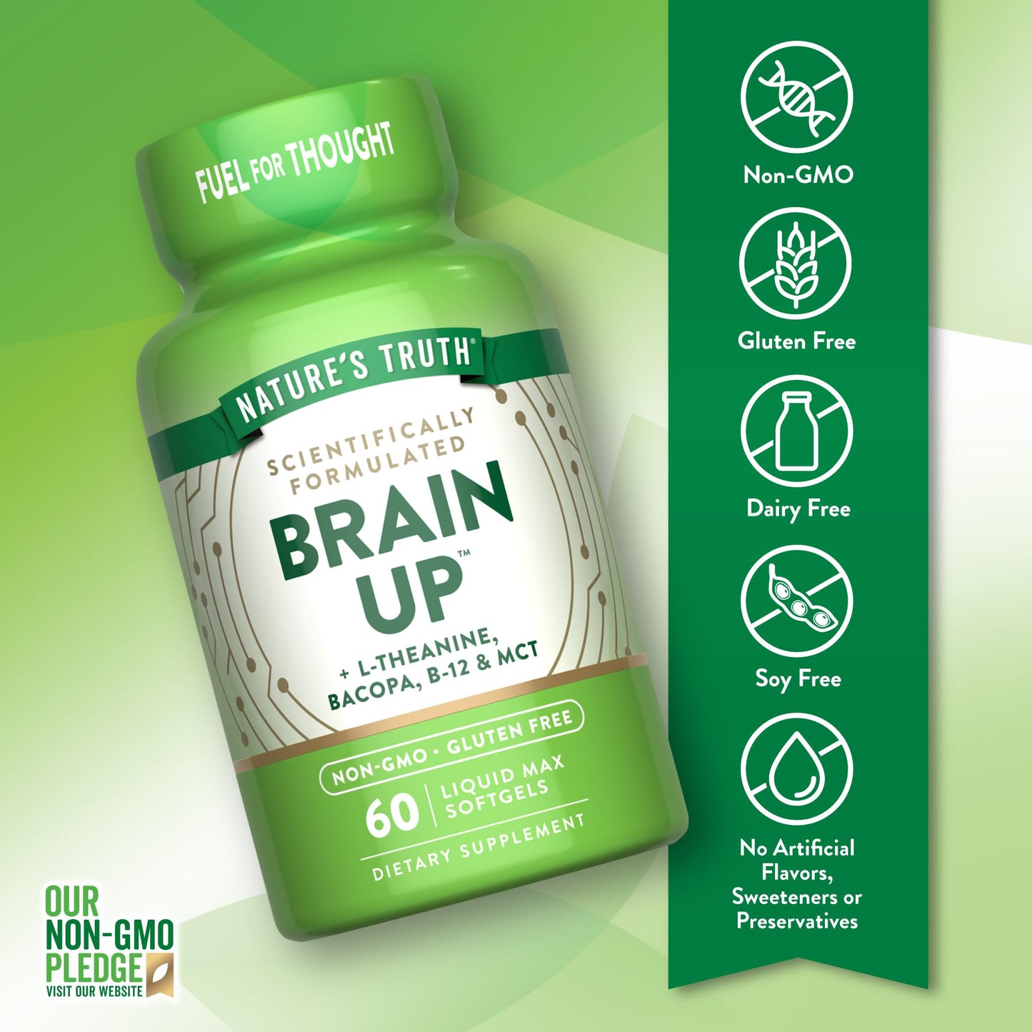 Nature's Truth Brain Up Softgels – 60 Count – L-Theanine, Bacopa, B12 & MCT – Non-GMO, Gluten Free