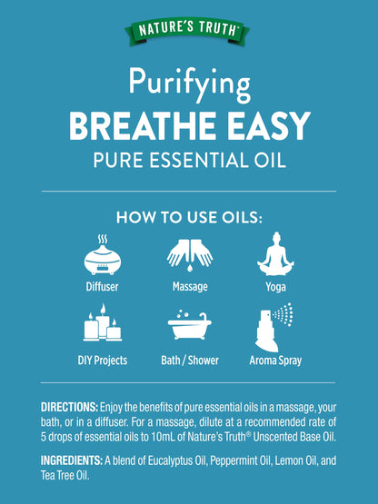 Nature's Truth Breathe Easy Essential Oil Blend 15 mL – Eucalyptus, Peppermint, Lemon & Tea Tree