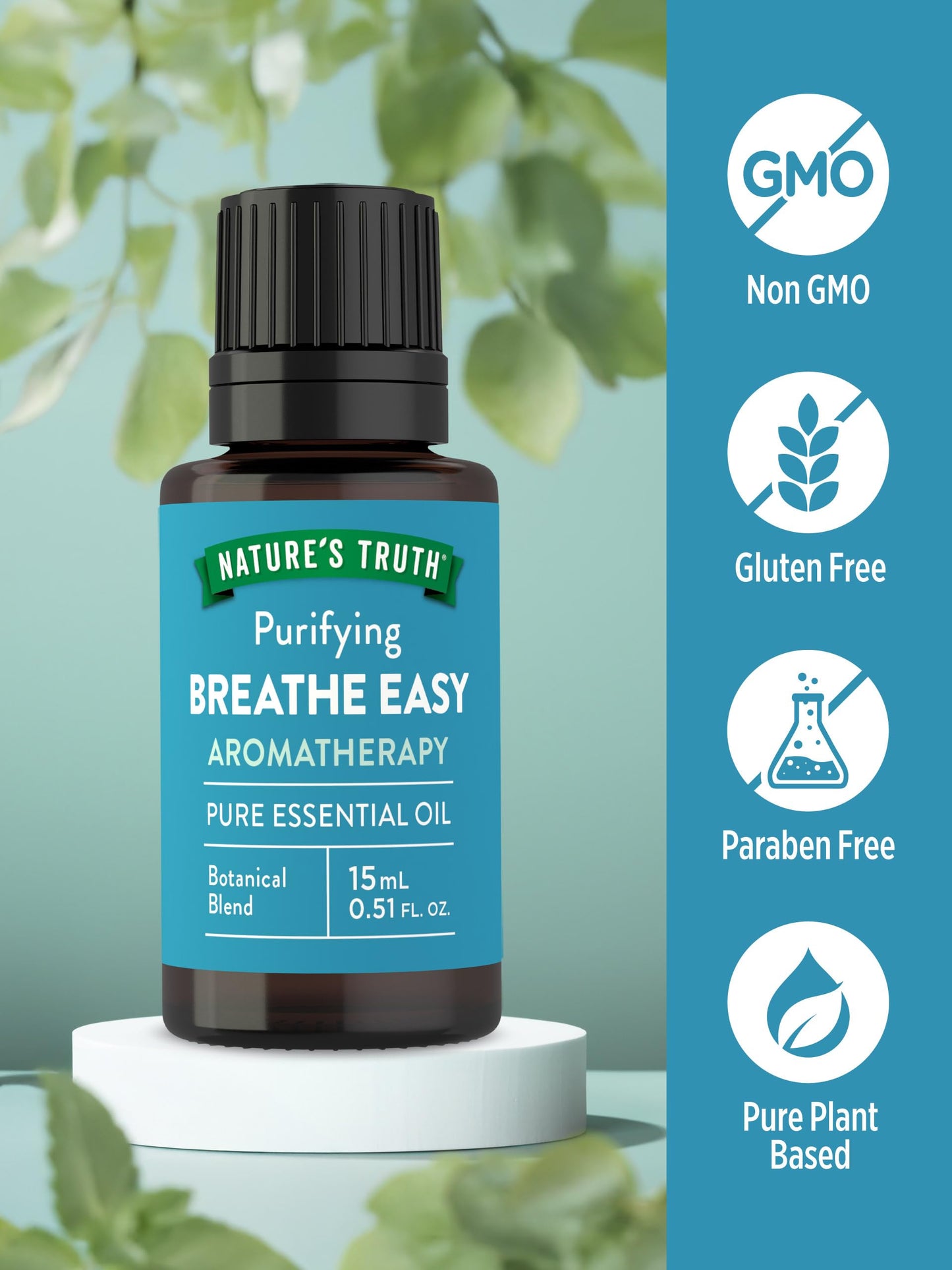Nature's Truth Breathe Easy Essential Oil Blend 15 mL – Eucalyptus, Peppermint, Lemon & Tea Tree